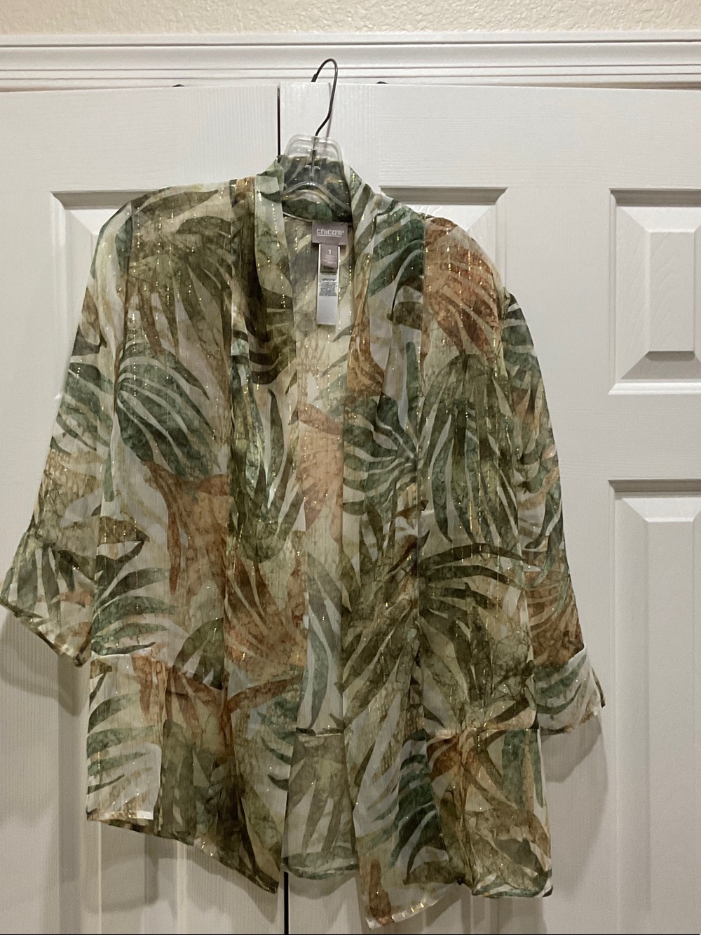 Chico's Sheer Palm-Print Open-Front Jacket in Green & Brown